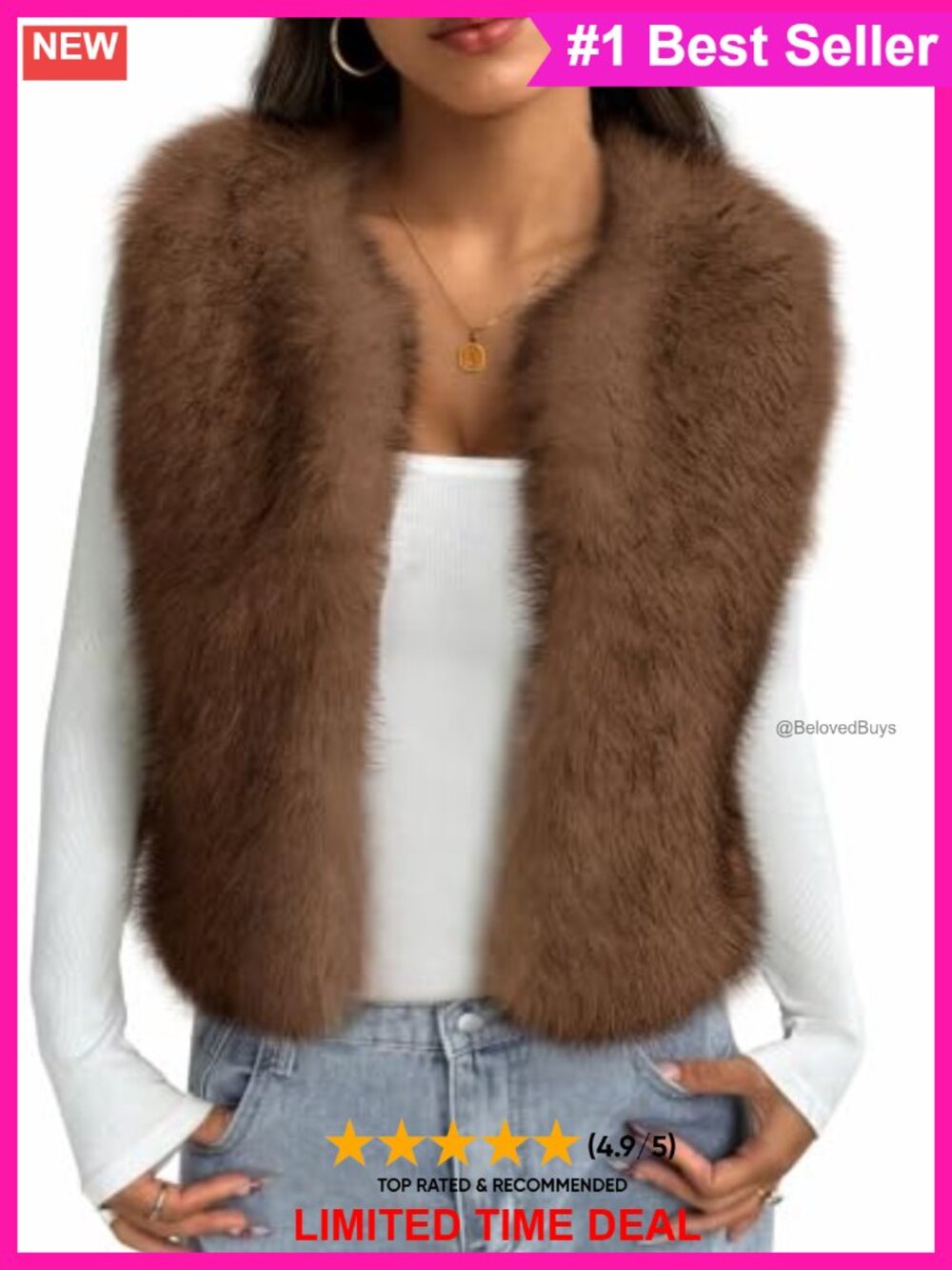 Faux Fur Vest Women Cropped Sleeveless Fuzzy Winter Outerwear with Pockets